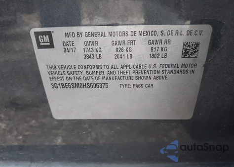 2017 Chevrolet Cruze Lt Auto from USA, damaged, VIN 3G1BE6SM0HS606375